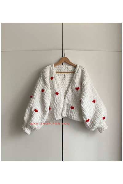 Okozturk Puffy El Örgüsü Hırka & Beyaz Kalpli Hrka