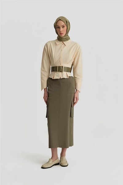 Armine Cargo Pocket Pencil Skirt 25Y1824 Khaki Shoes