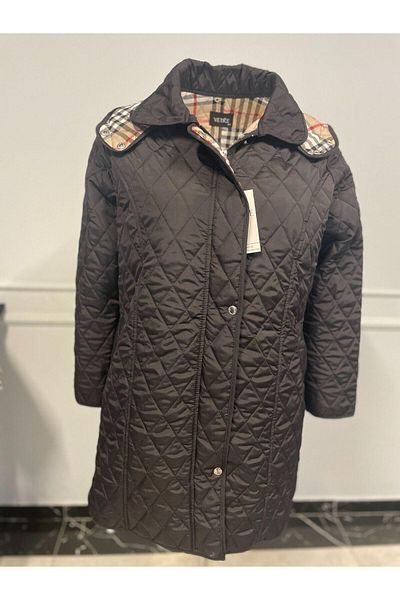 VETRE Women's Large Size Plaid 95 Cm Seasonal Black Quilted Coat 1040