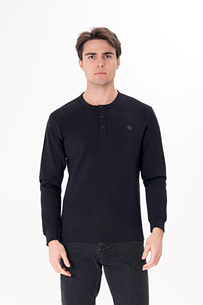 UNIQVIBE %100 Organik Pamuk Siyah Uzun Kollu Erkek Düğmeli Tişört