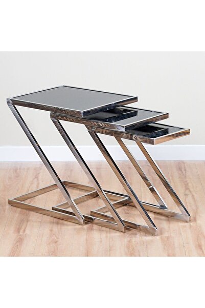 Danube Home Otter Nest Of Table L65xW47xH55cm - Black Glass / Chrome
