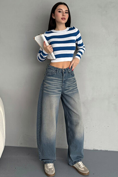 MissThetis Yüksek Bel 5 Cepli Soldurma Yıkamalı Femuarlı Rahat Kalıp Şık ve Cool Likralı Baggy Jean Pantolon