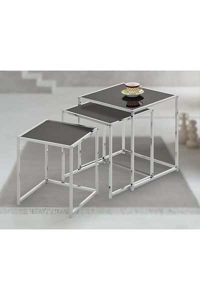 Danube Home Jorley Glass Nesting Table Set of 3  L40xW40xH45cm - Chrome/Black Glass