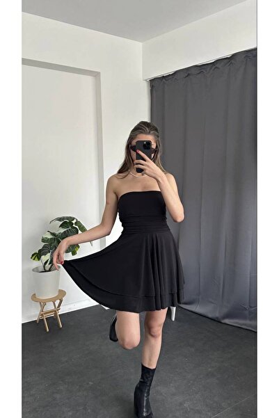 RosePearl Women's Black Color Double Layer Strapless Dress