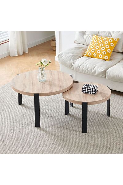 Danube Home Carney Set of 2 Coffee Table  L80xW80xH45cm - Light Oak / Black