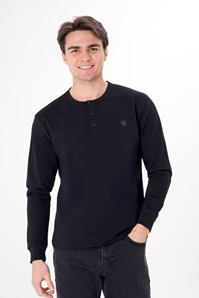 UNIQVIBE %100 Organik Pamuk Siyah Uzun Kollu Erkek Düğmeli Tişört