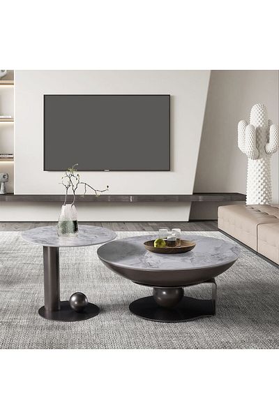 Danube Home Riveror Round Coffee Table Set of 2  L90xW90xH40cm - Grey/Gunmetal Black