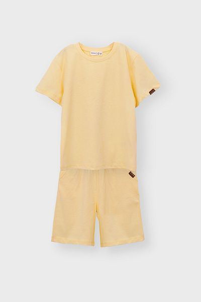 ZUZUNGA Unisex Basic Yellow Leather Detailed Short Sleeve Children's Set with Shorts