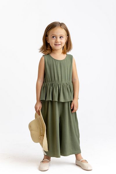 Oliven The Kid Girl's Linen Jumpsuit - Khaki Color, Sleeveless, Flounce Waist and Buttoned Back
