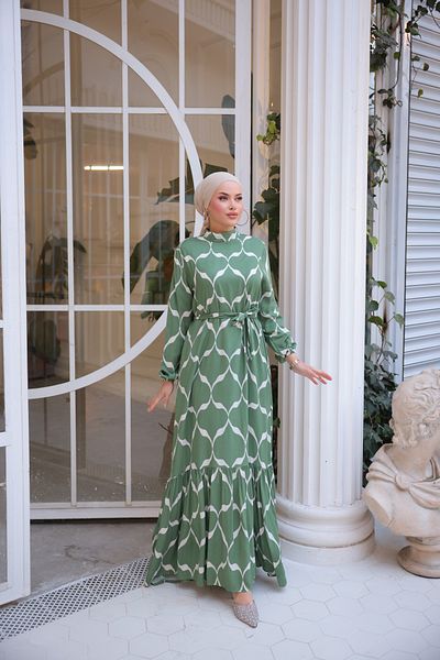 Zaure Women's Hijab Patterned Belted Viscose Dress
