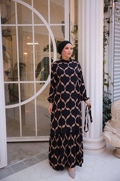 Zaure Women's Hijab Patterned Belted Viscose Dress