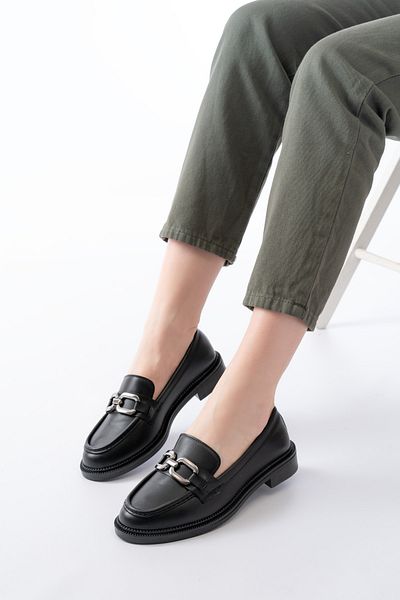 JAKJOUR Women's Loafer Square Buckle Black Daily Comfortable Soft Shoes