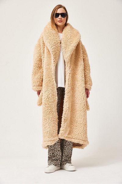 CALİENTE Belted Long Plush Coat Beige