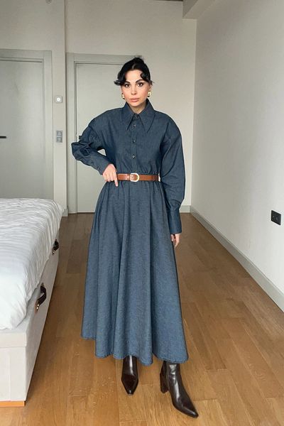 Seda Yalçın Atelier Denim Belted Flared Skirt and Denim Shirt Set