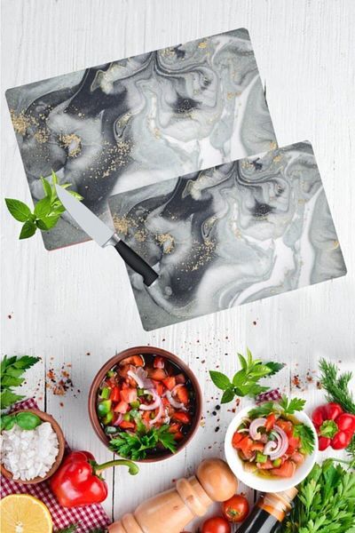 Saban Set of 2 20X30 & 30X40 Gray Gold Marble Look Set Glass Cutting Board