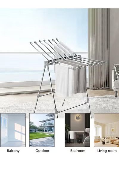 Taimi Drying Rack Indoor Foldable with 2 Wings Stainless Steel Floor Dryer Windproof In Silver