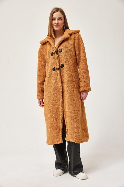 CALİENTE Belted Long Plush Coat Brown