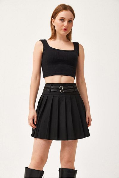 CALİENTE Black Pleated Mini Skirt with Double Belt Detail