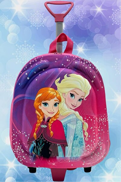 Uniquerrs Kız Çocuk Anaokulu Çekçekli 3d Baskılı Prenses Frozen Figürlü Tekerli Seyahat Valizi Okul Çantası