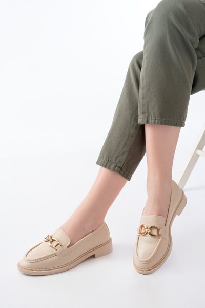 JAKJOUR Kadın Loafer Yuvarlak Tokalı Krem Günlük Rahat Yumuşak Ayakkabı
