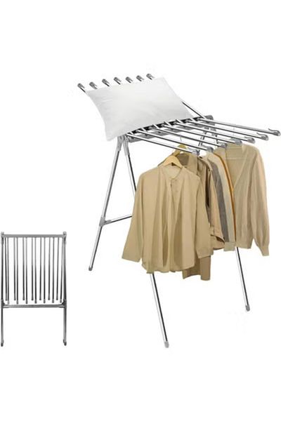 Taimi Drying Rack Indoor Foldable with 2 Wings Stainless Steel Floor Dryer Windproof In Silver