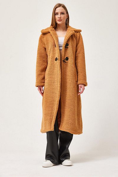 CALİENTE Belted Long Plush Coat Brown
