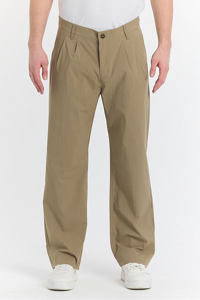 STONCS Men's Beige Pleated Baggy Fabric Pants