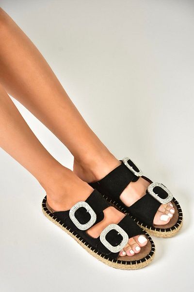 Fox Shoes U 250230102   Black Suede Stone Detailed Women's Slippers