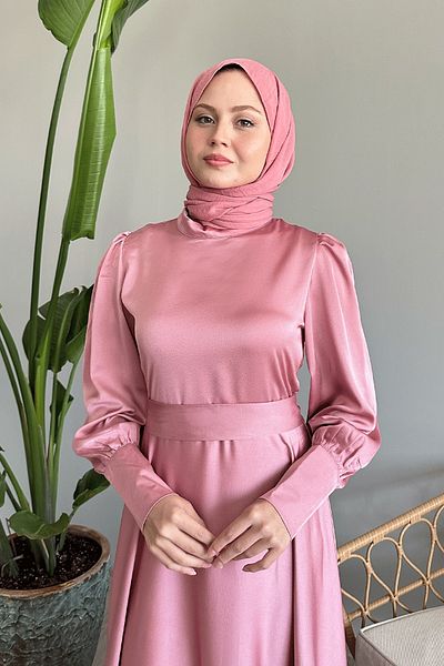 InStyle Powder Colored Satin Dress - Sleeve Zippered