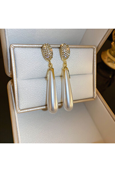 Choice أقراط متدلية بسيطة باللون الأبيض على شكل قطرة ماء طويلة من اللؤلؤ للنس...