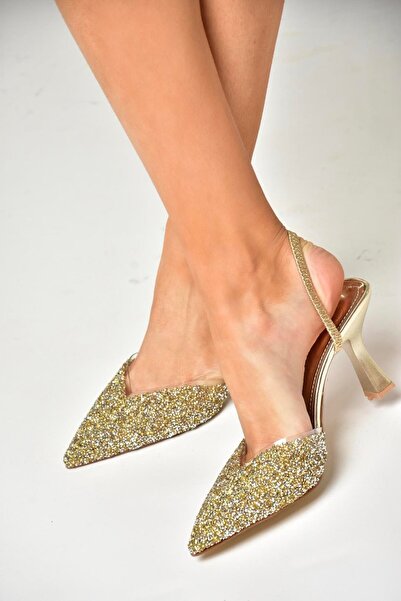 Fox Shoes U614567114 Altın Sim Kalın Topuklu Abiye Ayakkabı