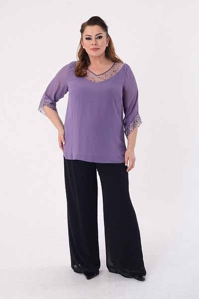 LİLAS XXL Plus Size Lilac Colored Chiffon V-Neck Evening Dress Blouse