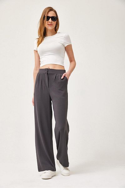 CALİENTE High Waist Pocket Palazzo Trousers Smoked