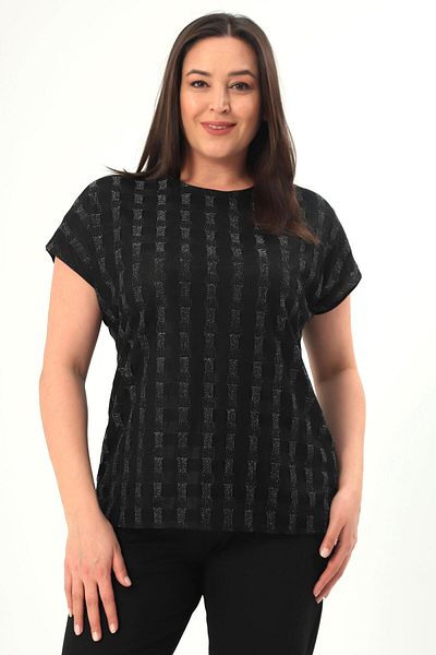 SERTUĞ Trend42Plus Plus Size Silvery Checked Low Sleeve Black Blouse