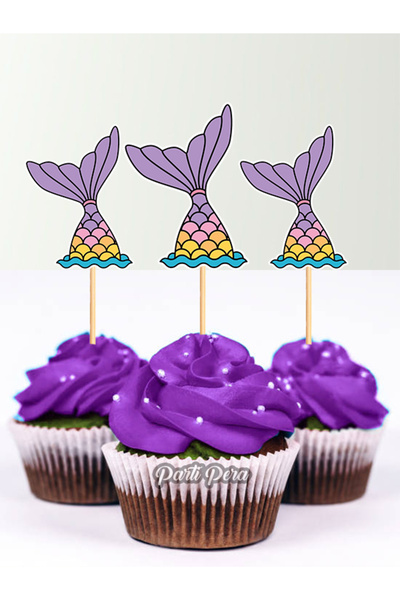 parti pera 15 Adet Deniz Kızı Kuyruk Şekilli Cupcake Kürdan Süsü