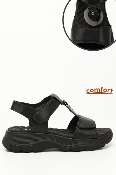 GÖNDERİ(R) Γυναικεία μαύρα πέδιλα με λουράκι με κούμπωμα με λεπτομέρεια από α...