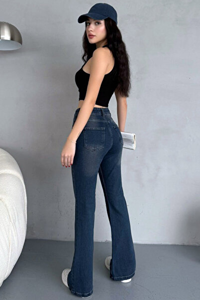 MissKybele Yüksek Bel Yıkamalı Fermuar Kapamalı Fit Kesim Tarz Likralı Esnek İspanyol Paça Jean Pantolon