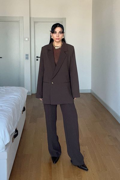 Seda Yalçın Atelier Coffee Side Button Jacket and Pleated Pants Set