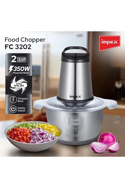 İMPEX Impex Food Chopper With 2L SS Bowl 350W Powerful Motor Food Processor Stainless Steel Blades FC3202