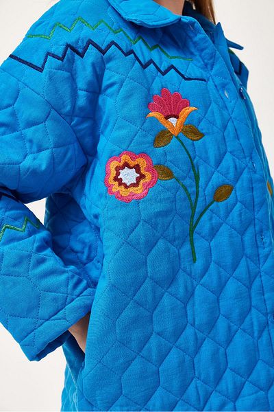 CALİENTE Flower Pattern Embroidered Quilted Jacket Blue
