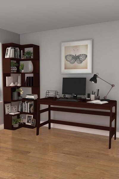 Woodesk Bohem, Ahşap, Çalışma Masası Ve Köşe Kitaplık Takımı, 4 Renk Seçeneği