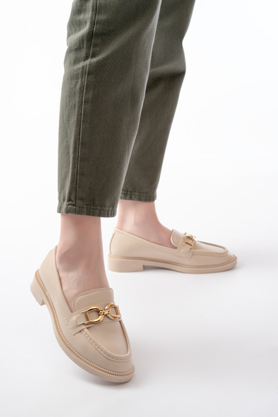 JAKJOUR Kadın Loafer Yuvarlak Tokalı Krem Günlük Rahat Yumuşak Ayakkabı