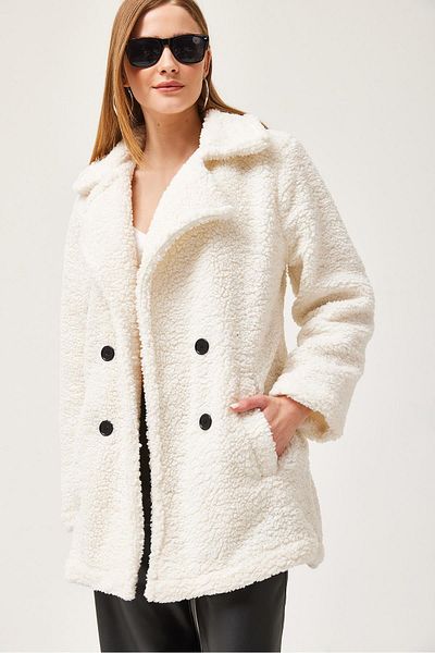 CALİENTE White Lined Buttoned Plush Coat