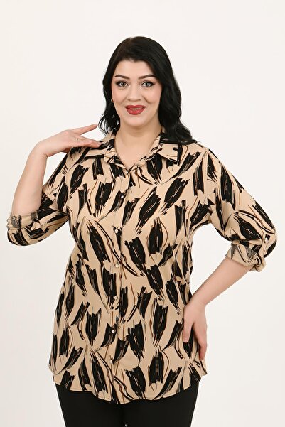 By Alba Collection Γυναικείο πουκάμισο με καφέ σχέδιο βαμβακερό βισκόζη Plus Size