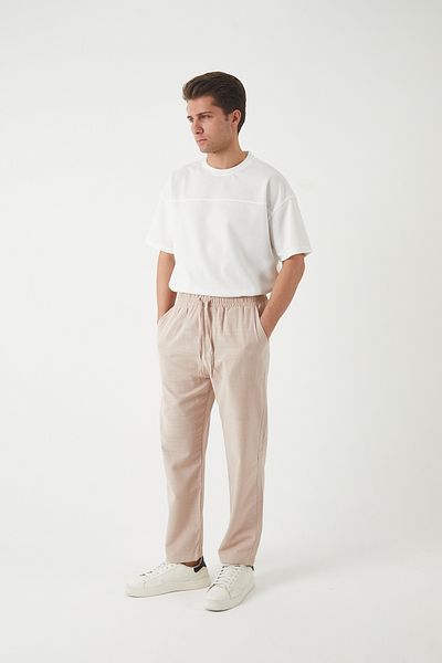 JR Boutique Men's Linen Look Comfortable Elastic Baggy Trousers - Beige