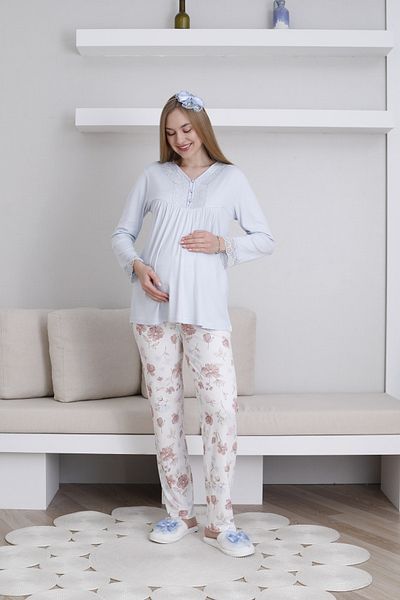 ERDENİZ TEKSTİL Button Collar Long Sleeve Maternity-Pregnant Pajama Set