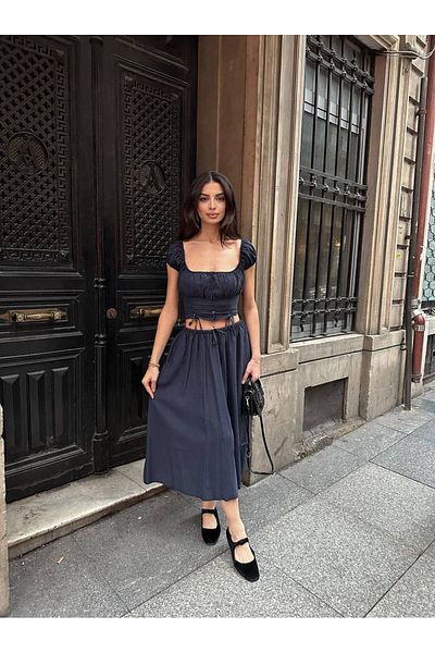 LOCH BUTİK Women's Navy Blue Bustier Front Drawstring Detail Skirted Double Suit