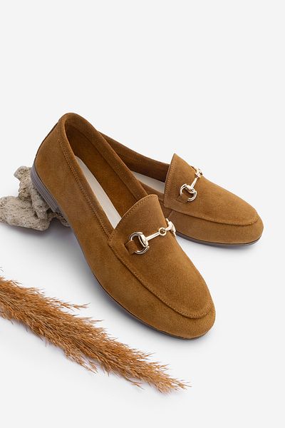 Marjin Camel Suede Γνήσιο Δερμάτινο Γυναικείο Loafer με Αλυσίδα - Casual Παπούτσια