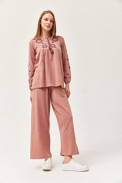 CALİENTE Hera Fabric Front and Sleeves Embroidered Double Suit Dusty Rose