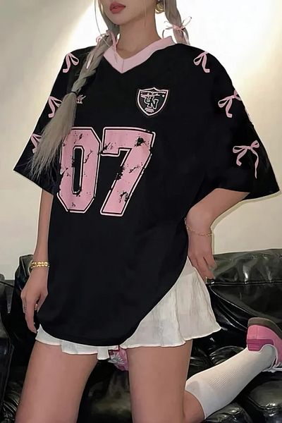 EFBUTİK Μαύρο T-Shirt μπαλέτου με κορδέλα Y2k Oversize